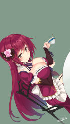 Rule 34 | 1girl, blush, breasts, brown eyes, cattleya (flower knight girl), cleavage, cup, dress, flower knight girl, garter straps, highres, kuro chairo no neko, large breasts, long hair, looking at viewer, open mouth, purple hair, simple background, sitting, solo, teacup