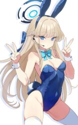 Rule 34 | 1girl, animal ears, aqua bow, aqua bowtie, bare shoulders, blonde hair, blue archive, blue bow, blue eyes, blue halo, blue leotard, bow, bowtie, breasts, cleavage, closed mouth, commentary request, covered navel, detached collar, double v, expressionless, fake animal ears, hair bow, halo, headset, highres, leotard, long hair, looking at viewer, medium breasts, mis705313, official alternate costume, playboy bunny, rabbit ears, simple background, solo, standing, thighhighs, thighs, toki (blue archive), toki (bunny) (blue archive), v, white background, white thighhighs