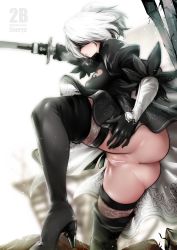 Rule 34 | 1girl, anus, ass, black dress, black gloves, black thighhighs, blindfold, blush, boots, breasts, censored, dress, gloves, hairband, high heel boots, high heels, highres, holding, holding sword, holding weapon, medium breasts, mole, mole under mouth, nier (series), nier:automata, no panties, pussy, short hair, solo, souryu, sword, thigh boots, thighhighs, thighhighs under boots, weapon, white hair, 2b (nier:automata)