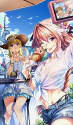 1boy 1other ;p androgynous arm_up astolfo_(fate) astolfo_(sugar_vacation)_(fate) bangle bare_legs bikini bird black_bikini black_bow blonde_hair blue_eyes blue_shorts blue_sky bow bracelet braid buttons camera chair chevalier_d&#039;eon_(fate) chevalier_d&#039;eon_(sugar_vacation)_(fate) cloud collarbone collared_shirt commentary cowboy_shot crossdressing cup day denim denim_shorts disposable_cup dress eating fate/grand_order fate_(series) flower food food_on_face groin hair_bow hair_flower hair_intakes hair_ornament hat hat_feather highleg highleg_bikini holding holding_camera holding_ice_cream_cone holding_spoon ice_cream ice_cream_cone ice_cream_cup jewelry light_particles long_hair midriff navel ocean official_art ohara_hiroki one_eye_closed outdoors panty_straps pink_eyes pink_hair see-through_clothes see-through_shirt selfie shirt short_shorts shorts shorts_under_dress side-tie_bikini_bottom sidelocks single_braid sitting sky spoon sprinkles standing straw_hat sun_hat sunlight swimsuit taking_picture third-party_source tied_shirt tongue tongue_out trap umbrella utensil_in_mouth v very_long_hair viewfinder water white_dress white_shirt