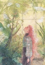 Rule 34 | 1girl, aqua shirt, artist name, black skirt, blue eyes, checkered clothes, checkered shirt, closed mouth, flower, greenhouse, highres, indoors, jellyfish, lily of the valley, long hair, long sleeves, looking up, original, painting (medium), pink hair, plant, profile, puffy long sleeves, puffy sleeves, shiratama anzu, shirt, shirt tucked in, skirt, solo, standing, traditional media, tree, vegetation, watercolor (medium), watermark, wavy hair, white flower