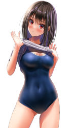 Rule 34 | 1girl, black hair, blue one-piece swimsuit, clothes lift, commentary request, competition school swimsuit, cowboy shot, highres, lifting own clothes, looking at viewer, medium hair, one-piece swimsuit, original, red eyes, school swimsuit, shirt lift, simple background, solo, standing, swimsuit, white background, yukemuriganmo
