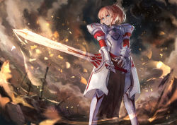 Rule 34 | 1girl, armor, bad id, bad pixiv id, blonde hair, blurry, braid, clarent (fate), crown braid, depth of field, facing to the side, fate/apocrypha, fate/grand order, fate (series), faulds, feet out of frame, flaming sword, flaming weapon, french braid, from below, green eyes, grin, hair between eyes, holding, holding sword, holding weapon, legs apart, looking to the side, mordred (fate), mordred (fate/apocrypha), outdoors, parted lips, ponytail, short hair, sishenfan, smile, solo, standing, sword, teeth, v-shaped eyebrows, weapon