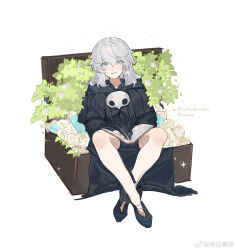 Rule 34 | 1boy, aged down, alternate color, androgynous, black capelet, black footwear, black robe, blue eyes, book, book on lap, box, capelet, chinese commentary, commentary request, crossed ankles, drawstring, final fantasy, final fantasy xiv, flower, full body, grey hair, hair between eyes, highres, holding, holding book, hood, hood down, hooded capelet, in box, in container, leaf, looking at viewer, mask, mask around neck, medium hair, open box, robe, rose, rou bao natie, shoes, simple background, sitting, smile, solo, sophist&#039;s robe (ff14), themis (ff14), unworn mask, weibo logo, weibo watermark, white background, white flower, white rose
