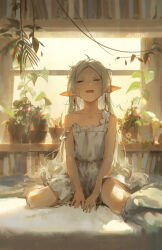 Rule 34 | 1girl, absurdres, backlighting, bare shoulders, book, bookshelf, closed eyes, collarbone, dino (dinoartforame), dress, drooling, drop earrings, earrings, flat chest, frieren, grey hair, highres, indoors, jewelry, long hair, messy hair, mouth drool, parted bangs, plant, pointy ears, potted plant, sitting, sleepy, sleeveless, sleeveless dress, solo, sousou no frieren, strap slip, very long hair, waking up, wariza, white dress