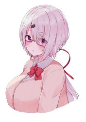 Rule 34 | 1girl, absurdres, blush, bow, bowtie, breasts, buttons, cardigan, closed mouth, collared shirt, commentary request, cropped torso, glasses, hair between eyes, hair ornament, hairclip, head tilt, highres, large breasts, long hair, looking at viewer, nijisanji, purple eyes, racchi., red-framed eyewear, red bow, red bowtie, school uniform, semi-rimless eyewear, shiina yuika, shiina yuika (1st costume), shirt, sidelocks, silver hair, simple background, solo, undershirt, upper body, virtual youtuber, white background, white shirt