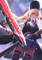 Rule 34 | 1girl, absurdres, ayaki, belt, black gloves, black jacket, black thighhighs, blonde hair, breasts, choker, cleavage, code vein, collarbone, commentary request, fur hat, gloves, glowing, glowing eyes, gun, hat, highres, jacket, left-handed, long hair, long sleeves, looking at viewer, mechanical tail, mia karnstein, miniskirt, official art, papakha, red eyes, rifle, sidelocks, skirt, small breasts, solo, strap slip, tail, thighhighs, trigger discipline, twintails, weapon, zettai ryouiki, zipper, zipper pull tab
