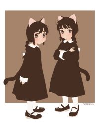 Rule 34 | 2girls, akai sashimi, animal ears, arms at sides, black dress, black footwear, black hair, blush, bow, braid, brown background, cat ears, cat tail, collared dress, crossed arms, dress, grey eyes, hair bow, long hair, long sleeves, looking at viewer, mary janes, multiple girls, no mouth, original, pantyhose, shoes, simple background, sleeve cuffs, standing, tail, white bow, white legwear
