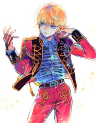 Rule 34 | 1boy, aiguillette, alternate costume, belt, bhh4321, blonde hair, chain, collared shirt, contrapposto, cowboy shot, dress shirt, earrings, hair flip, hands up, highres, hunter x hunter, jacket, jewelry, kurapika, long sleeves, looking at hand, looking away, looking to the side, male focus, medal, open clothes, open jacket, pants, parted lips, red jacket, red pants, ring, shirt, short hair, simple background, skeleton print, sleeve cuffs, solo, tassel, weapon, white background, white shirt