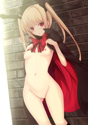 Rule 34 | 1girl, blazblue, blonde hair, bow, breasts, cape, censored, daiaru, exhibitionism, highres, long hair, naked cape, nipples, public indecency, pussy, pussy juice, rachel alucard, red bow, red eyes, small breasts, solo, twintails