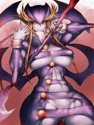 Rule 34 | 1girl, bat wings, blonde hair, breasts, cleavage, colored skin, commentary request, covered erect nipples, curvy, fumio (rsqkr), genderswap, genderswap (mtf), gradient background, head wings, highres, jedah dohma, large breasts, light smile, looking at viewer, nail polish, purple skin, red background, red eyes, red nails, scythe, solo, thick eyebrows, thick thighs, thighs, vampire (game), vampire savior: the lord of vampire, wide hips, wings