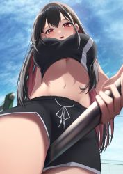 Rule 34 | 1girl, absurdres, amane sora, bare arms, black hair, black shirt, black shorts, breasts, crop top, drawstring, foreshortening, from below, highres, large breasts, long hair, looking at viewer, looking down, midriff, mole, mole on thigh, mole under mouth, multicolored hair, navel, open mouth, original, pole, red eyes, red hair, shirt, short shorts, shorts, sleeveless, sleeveless shirt, solo, stomach, thighs, two-tone hair