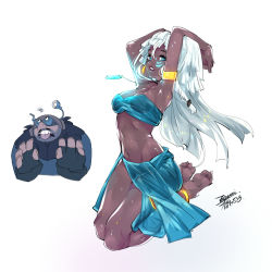 Rule 34 | 1boy, 1girl, anklet, armlet, arms up, atlantean, atlantis: the lost empire, bare shoulders, black gloves, blue eyes, bracelet, breasts, cleavage, dark skin, dated, disney, earrings, ejami, facial hair, facial tattoo, feet, fingerless gloves, gaetan moliere, gloves, goggles, jewelry, kidagakash, long hair, looking at viewer, navel, necklace, open mouth, simple background, stubble, tattoo, tongue, tongue out, wet, white background, white hair