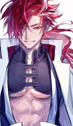 Rule 34 | 1boy, abs, absurdres, commentary request, earrings, eyebrow cut, fate/grand order, fate (series), grin, highres, jacket, japanese clothes, jewelry, long hair, looking at viewer, male focus, multicolored hair, open mouth, pectorals, red eyes, red hair, sennin (inoinox), smile, solo, split-color hair, streaked hair, takasugi shinsaku (fate), two-tone hair, upper body, white hair, white jacket