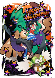 Rule 34 | 1boy, ;d, black hair, black pants, capri pants, commentary request, creatures (company), dartrix, decidueye, elio (pokemon), evolutionary line, game freak, gen 7 pokemon, grey eyes, halloween, happy halloween, highres, holding, holding pokemon, looking at viewer, male focus, nintendo, one eye closed, open mouth, orange-framed eyewear, pants, pokemon, pokemon (creature), pokemon sm, rowlet, shirt, shoes, short sleeves, smile, star (symbol), striped clothes, striped shirt, teeth, tongue, yamanashi taiki