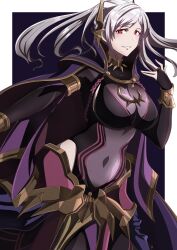 Rule 34 | 1girl, absurdres, black background, border, breasts, bridal gauntlets, cape, cleavage, corruption, covered navel, dark persona, fire emblem, fire emblem awakening, fire emblem cipher, fire emblem heroes, grey hair, grima (fire emblem), grin, hair ornament, highres, intelligent systems, large breasts, long hair, looking at viewer, navel, nintendo, official alternate costume, possessed, possession, red eyes, robin (female) (fell tactician) (fire emblem), robin (female) (fire emblem), robin (fire emblem), see-through, see-through cleavage, smile, solo, to (tototo tk), twintails, white border