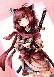 Rule 34 | 1girl, :/, alternate costume, alternate hair color, antenna hair, bandaged arm, bandaged leg, bandages, blade, closed mouth, crossed arms, dutch angle, feet out of frame, half-closed eyes, headgear, highres, japanese clothes, katana, kimono, looking at viewer, medium hair, natsu tuna, pink eyes, pink kimono, red hair, red sash, red scarf, samurai, sash, scarf, sheath, sheathed, short kimono, short twintails, sleeves past elbows, solo, swept bangs, sword, touhoku kiritan, twintails, voiceroid, weapon, weapon on back