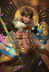 Rule 34 | 1boy, abs, absurdres, ahoge, animal, animal ears, bare pectorals, black gloves, brown hair, cape, cat, cat ears, dark skin, dark-skinned male, egyptian, egyptian clothes, fate/grand order, fate/prototype, fate/prototype: fragments of blue and silver, fate (series), gauntlets, gloves, hair between eyes, highres, holding, holding animal, holding cat, holding staff, jewelry, looking at viewer, male focus, muscular, necklace, open mouth, ozymandias (fate), pectorals, petals, topless male, shrug (clothing), smirk, solo, staff, tail, user edsp3435, white cape, yellow eyes