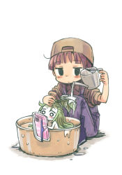 Rule 34 | 1boy, 1girl, backwards hat, basin, black eyes, blue footwear, blue overalls, boots, cellphone, hat, holding, holding phone, jitome, looking at phone, mandragora, mini person, minigirl, monster girl, original, overalls, phone, plant girl, saxyun, simple background, smartphone, water, watering, watering can, wet, white background
