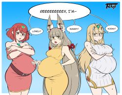 Rule 34 | 3girls, absurdres, animal ear fluff, animal ears, artist name, bare shoulders, blonde hair, blunt bangs, blush, breasts, collarbone, cowboy shot, crossed arms, curvy, dress, english text, grey hair, hair ornament, hand on own stomach, highres, large breasts, long hair, looking at viewer, medium breasts, multiple girls, mythra (xenoblade), nia (blade) (xenoblade), nia (xenoblade), open mouth, parted lips, pregnant, pyra (xenoblade), red eyes, red hair, short hair, sidelocks, signature, speech bubble, standing, swept bangs, thick thighs, thighs, tsukijitums, very long hair, wide hips, xenoblade chronicles (series), xenoblade chronicles 2, yellow eyes