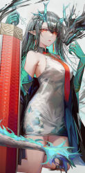 Rule 34 | 1girl, absurdres, akqne, aqua hair, arknights, bare shoulders, black coat, black hair, breasts, coat, colored inner hair, covered navel, dragon, dragon girl, dragon horns, dragon tail, dusk (arknights), earrings, eyes visible through hair, hair over one eye, highres, holding, holding sword, holding weapon, horns, jewelry, kneeling, large breasts, long hair, long sleeves, looking at viewer, multicolored hair, necktie, open clothes, open coat, parted lips, planted, planted sword, planted weapon, pointy ears, red eyes, red necktie, revision, simple background, solo, sword, tail, two-tone hair, very long hair, weapon, white background