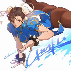Rule 34 | 1girl, artist name, ass, bracelet, breasts, brown eyes, brown hair, brown pantyhose, bun cover, capcom, character name, china dress, chinese clothes, chun-li, citemer, closed mouth, commentary, double bun, dress, earrings, fingernails, gold trim, hair bun, hair ornament, hair over one eye, handstand, highres, jewelry, lips, lipstick, makeup, medium breasts, nail polish, one arm handstand, pantyhose, puffy short sleeves, puffy sleeves, short sleeves, signature, simple background, skin tight, solo, spiked bracelet, spikes, street fighter, street fighter ii (series)