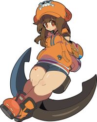 1girl anchor arms_behind_back backpack bag bike_shorts brown_hair guilty_gear hat hat_ornament heart heart_tattoo holding holding_anchor hood hoodie jacket kekeken leaning_on_object leg_tattoo long_hair looking_at_viewer may_(guilty_gear) orange_eyes orange_footwear orange_hat orange_hoodie orange_jacket orange_shirt pirate_hat shirt simple_background skull_and_crossbones skull_hat_ornament solo tattoo thick_thighs thighs white_background