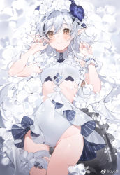 Rule 34 | 1girl, arknights, bare shoulders, blush, breasts, commentary, covered navel, cowboy shot, crocodilian tail, female focus, flower, flower wreath, hair between eyes, hair flower, hair ornament, head wreath, liyu li, long hair, looking at viewer, nail polish, official alternate costume, one-piece swimsuit, pointy ears, small breasts, smile, solo, swimsuit, symbol-only commentary, tail, thigh strap, thighs, tomimi (arknights), tomimi (silent night) (arknights), weibo watermark, white flower, white hair, white one-piece swimsuit, yellow eyes