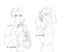 Rule 34 | 2boys, absurdres, artist name, belt, closed mouth, collared shirt, daisy, flower, flower pot, gun, hand up, handgun, highres, holding, holding flower pot, holding gun, holding weapon, jacket, kumu zaisheng, lineart, looking at viewer, male focus, medium hair, monochrome, multiple boys, necktie, parted lips, peashooter (plants vs zombies), personification, plants vs zombies, ponytail, shirt, sky, snow pea (plants vs zombies), upper body, weapon