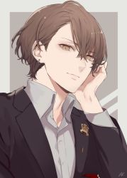 Rule 34 | 1boy, black jacket, brown eyes, brown hair, business suit, buttons, closed mouth, commentary, earrings, emblem, formal, fuyuomi, grey background, hair between eyes, jacket, jewelry, kagami hayato, lapel pin, long sleeves, looking at viewer, male focus, nijisanji, pocket square, shirt, simple background, smile, suit, upper body, virtual youtuber, white shirt