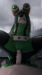 Rule 34 | 1boy, 1girl, :&gt;, asui tsuyu, barefoot, belt, black hair, bodysuit, boku no hero academia, breasts, cameltoe, clothed female nude male, cloud, cloudy sky, commentary, english commentary, erection, frog girl, from below, girl on top, gloves, goggles, goggles on head, greatm8, green bodysuit, grinding, grinding over clothes, hair between eyes, highres, humping, long hair, looking at viewer, looking down, lying, midoriya izuku, navel, nude, on back, outdoors, penis, pov, rain, sky, source filmmaker (medium), squatting, uncensored