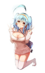 Rule 34 | 1girl, ahoge, bba1985, blue hair, breasts, cleavage, cleavage cutout, clothing cutout, creatures (company), game freak, gen 3 pokemon, hairband, highres, kneeling, large breasts, long hair, looking at viewer, marshtomp, meme attire, nintendo, open-chest sweater, personification, pokemon, simple background, smile, solo, sweater, thighhighs, twintails, v, white background, white thighhighs
