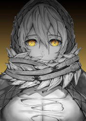 Rule 34 | 1girl, breasts, code vein, commentary, covered mouth, dress, face, greyscale, greyscale with colored background, hair between eyes, highres, io (code vein), large breasts, looking at viewer, monochrome, short hair, solo, torn clothes, torn dress, yellow eyes, yuki7128