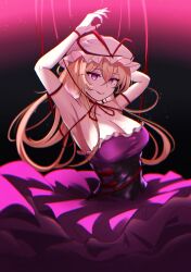 Rule 34 | 1girl, absurdres, armpits, blonde hair, breasts, choker, cleavage, commentary request, dress, hat, hat ribbon, highres, large breasts, long hair, looking at viewer, mob cap, mole, mole on breast, mole under eye, purple dress, purple eyes, red ribbon, ribbon, ribbon choker, rinkaito1231, smile, solo, strapless, strapless dress, touhou, yakumo yukari