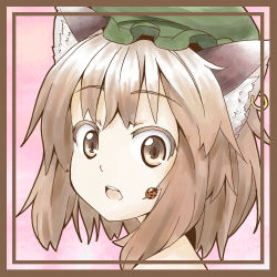 Rule 34 | 1girl, animal ears, border, brown eyes, brown hair, bug, cat ears, cat girl, chen, close-up, colored eyelashes, earrings, female focus, hat, insect, jewelry, kuro oolong, ladybug, open mouth, short hair, solo, staring, touhou, wide-eyed