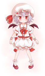 Rule 34 | 1girl, bat wings, blue hair, blush, bow, brooch, female focus, hat, hat ribbon, highres, jewelry, red eyes, remilia scarlet, ribbon, sash, shirt, shize (coletti), skirt, skirt set, solo, touhou, wings, wrist ribbon