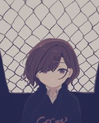 Rule 34 | 1girl, black shirt, brown eyes, brown hair, chain-link fence, closed mouth, collared shirt, eyebrows hidden by hair, fence, grey background, hair ornament, hair over one eye, hairclip, higuchi madoka, idolmaster, idolmaster shiny colors, looking at viewer, mole, mole under mouth, nonaprev, shirt, solo, upper body, white shirt