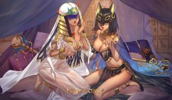 Rule 34 | 2girls, abig33, absurdres, anklet, black hair, braid, breasts, cape, cleavage, covered eyes, curtains, dark-skinned female, dark skin, dog mask, egyptian, egyptian clothes, english text, eye of horus, gravekeeper&#039;s priestess, gravekeeper&#039;s spiritualist, hieroglyphics, highres, jewelry, kneeling, large breasts, mask, multiple girls, navel, open mouth, outstretched hand, pillow, rope, saliva, saliva trail, shimenawa, staff, toe ring, tongue, tongue out, usekh collar, yu-gi-oh!
