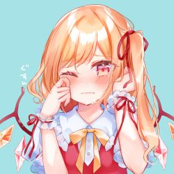 Rule 34 | 1girl, blonde hair, blue background, blush, bow, closed mouth, collared shirt, crying, crying with eyes open, crystal, fang, fang out, flandre scarlet, hair ribbon, hands up, highres, long hair, moko (mokochisa), no headwear, one eye closed, one side up, puffy short sleeves, puffy sleeves, red eyes, red ribbon, red vest, ribbon, shirt, short sleeves, simple background, solo, tears, touhou, translation request, vest, white shirt, wings, wiping tears, wrist cuffs, yellow bow