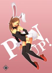 Rule 34 | 1girl, animal ears, black thighhighs, bow, bowtie, breasts, brown eyes, brown hair, cleavage, detached sleeves, fake animal ears, full body, heart, leotard, long hair, nail polish, original, playboy bunny, rabbit ears, rabbit tail, red footwear, ronron-ron, shoes, solo, tail, thighhighs, wrist cuffs