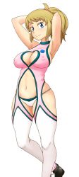 Rule 34 | 1girl, armpits, arms behind head, arms up, blue eyes, breasts, brown hair, cleavage, cleavage cutout, clothing cutout, covered erect nipples, gundam, gundam build fighters, gundam build fighters try, heart cutout, highres, hoshino fumina, large breasts, looking at viewer, multiple views, navel, open mouth, panties, ponytail, simple background, smile, standing, standing on one leg, stomach, thighhighs, thighs, tof, underwear, white panties