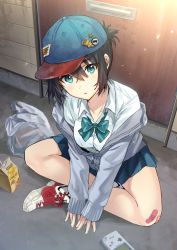 Rule 34 | 1girl, aqua eyes, bag, bandaid, bare legs, baseball cap, black hair, blue skirt, bow, bowtie, breasts, collared shirt, door, from above, game boy, game boy (original), grey jacket, handheld game console, hat, highres, indian style, jacket, long sleeves, looking at viewer, medium breasts, miniskirt, nike (company), nike kyrie 6, off shoulder, original, parted lips, shirt, shoes, shopping bag, sitting, skirt, sneakers, solo, tan (tangent), white shirt