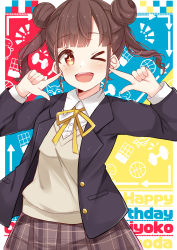 Rule 34 | &gt; o, 1girl, ;d, amidada, black jacket, blazer, blouse, blush, breasts, brown hair, brown skirt, character name, collared shirt, double bun, dress shirt, finger to cheek, hair bun, hands up, happy birthday, highres, idolmaster, idolmaster shiny colors, index finger raised, jacket, long sleeves, neck ribbon, one eye closed, open clothes, open jacket, open mouth, plaid, plaid skirt, pleated skirt, red eyes, ribbon, school uniform, shirt, skirt, small breasts, smile, solo, sonoda chiyoko, star-shaped pupils, star (symbol), sweater vest, symbol-shaped pupils, twintails, white shirt, yellow ribbon