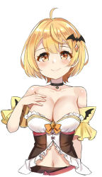 Rule 34 | 1girl, ahoge, arm behind back, bare shoulders, bat hair ornament, black choker, blonde hair, blush, breasts, bustier, choker, cleavage, closed mouth, collarbone, detached sleeves, fang, fang out, hair ornament, hand on own chest, highres, hololive, large breasts, looking at viewer, navel, orange eyes, revealing clothes, short hair, short sleeves, simple background, skin fang, smile, solo, stomach, tareme, unname, upper body, virtual youtuber, white background, yozora mel, yozora mel (1st costume)
