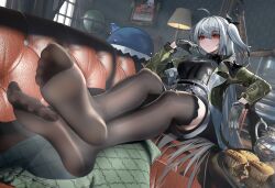 Rule 34 | 1girl, absurdres, ahoge, arknights, black ribbon, black shirt, black thighhighs, bm (bm364364), breasts, commentary request, dutch angle, food, gloves, green jacket, grey gloves, grey hair, hair ribbon, hand up, highres, indoors, jacket, long hair, long sleeves, medium breasts, muffin, official alternate costume, one side up, open clothes, open jacket, painting (object), red eyes, ribbon, shirt, sitting, skadi (arknights), skadi (the next afternoon tea) (arknights), solo, thighhighs, very long hair, window