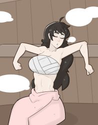 Rule 34 | 1girl, absurdres, against wall, antenna hair, armpits, arms up, artist request, black hair, breasts, cleavage, clenched hands, closed eyes, closed mouth, collarbone, female focus, highres, huge filesize, indoors, japanese clothes, long hair, long image, mature female, medium breasts, navel, neck, outstretched arms, pale skin, pink towel, raven branwen, red eyes, resting, roosterteeth, rwby, sarashi, sauna, sitting, sleepy, spread arms, steam, tall image, towel, towel around waist, traditional clothes, underwear, wavy hair, wooden wall