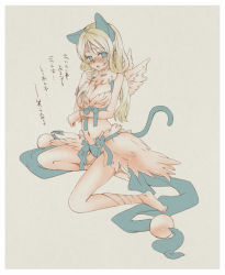 Rule 34 | 1girl, alternate color, animal ears, arm under breasts, bangle, barefoot, bikini, blonde hair, blue bikini, blue bow, blue eyes, blush, border, bow, bracelet, breasts, cat ears, cat tail, cleavage, commentary request, dated commentary, feathered wings, full body, grey background, jewelry, kawagoe pochi, large bow, large breasts, long hair, looking at viewer, mismatched bikini, open mouth, ragnarok online, simple background, solo, swimsuit, tail, translation request, wanderer (ragnarok online), white bikini, white border, white wings, wings