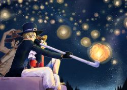 Rule 34 | 3boys, ascot, blonde hair, brothers, death, fire, ghost, gloves, hat, highres, male focus, monkey d. luffy, multiple boys, night, night sky, one piece, smoking pipe, portgas d. ace, puniatta, sabo (one piece), siblings, sitting, sky, straw hat, top hat