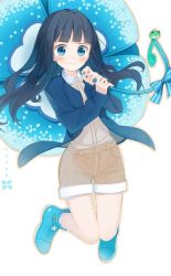 Rule 34 | amamiya chiharu, blue eyes, blue hair, blunt bangs, blush, boots, clover, crown, four-leaf clover, frog, hime cut, jacket, jumping, long hair, original, ribbon, rubber boots, shirt, shorts, smile, solo, sweater jacket, umbrella