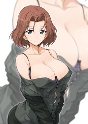 Rule 34 | 10s, 1girl, azumi (girls und panzer), breasts, brown hair, girls und panzer, halcon, highres, large breasts, military, military uniform, selection university military uniform, short hair, solo, uniform, zoom layer